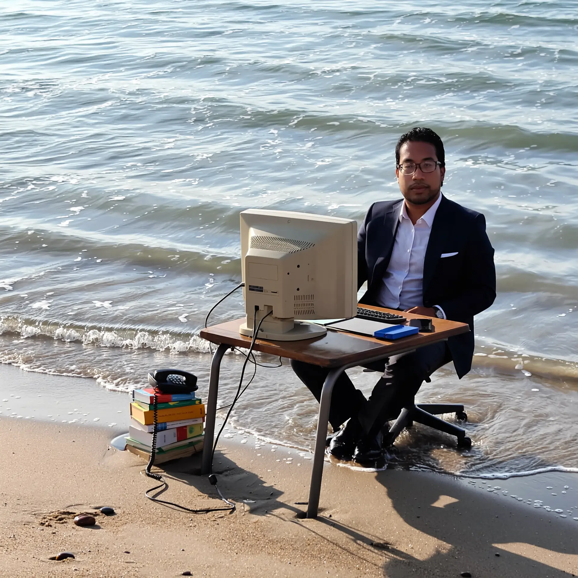 Dr. D working from a desk on the beach