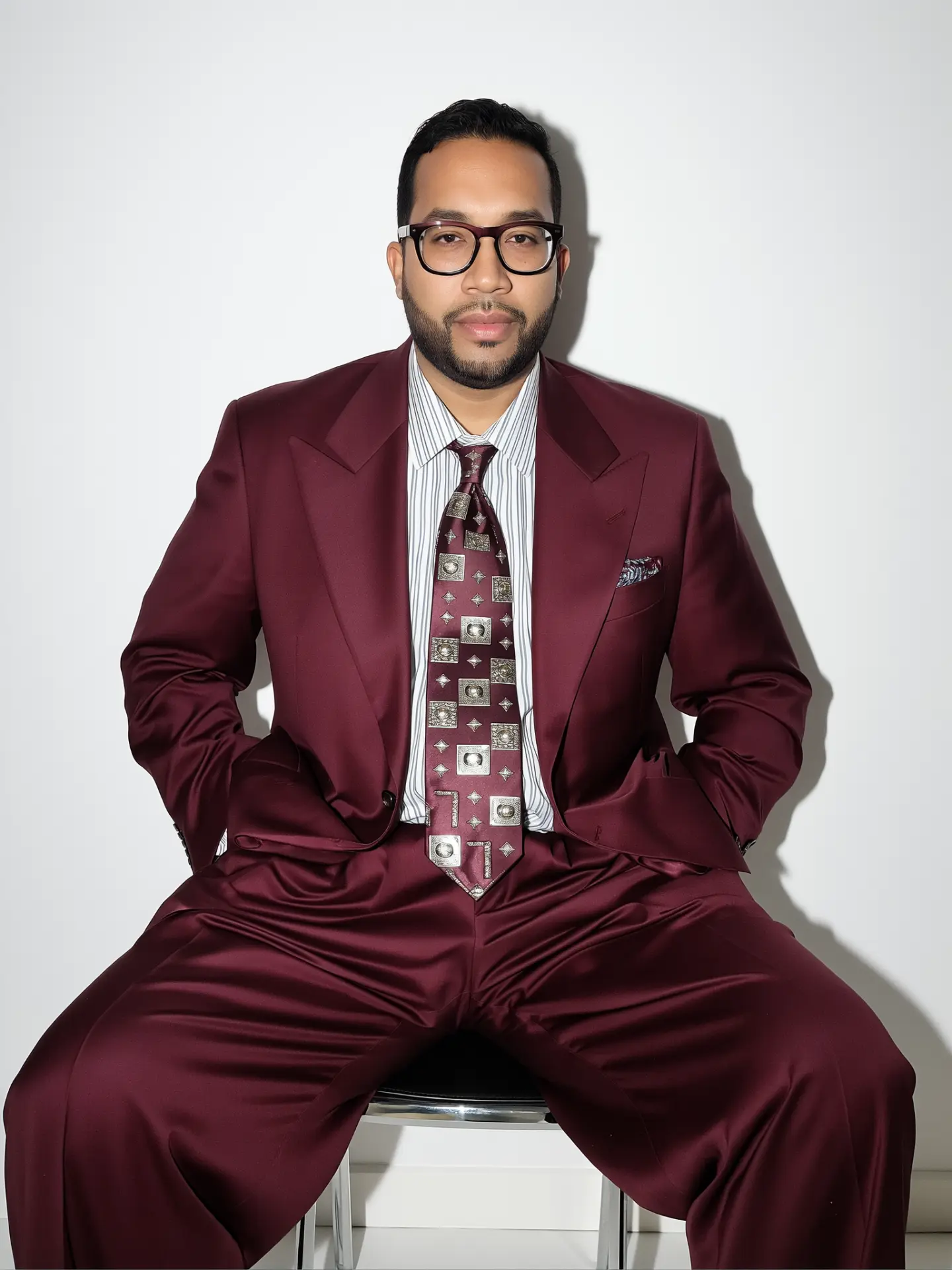 Dr. D seated in a burgundy suit